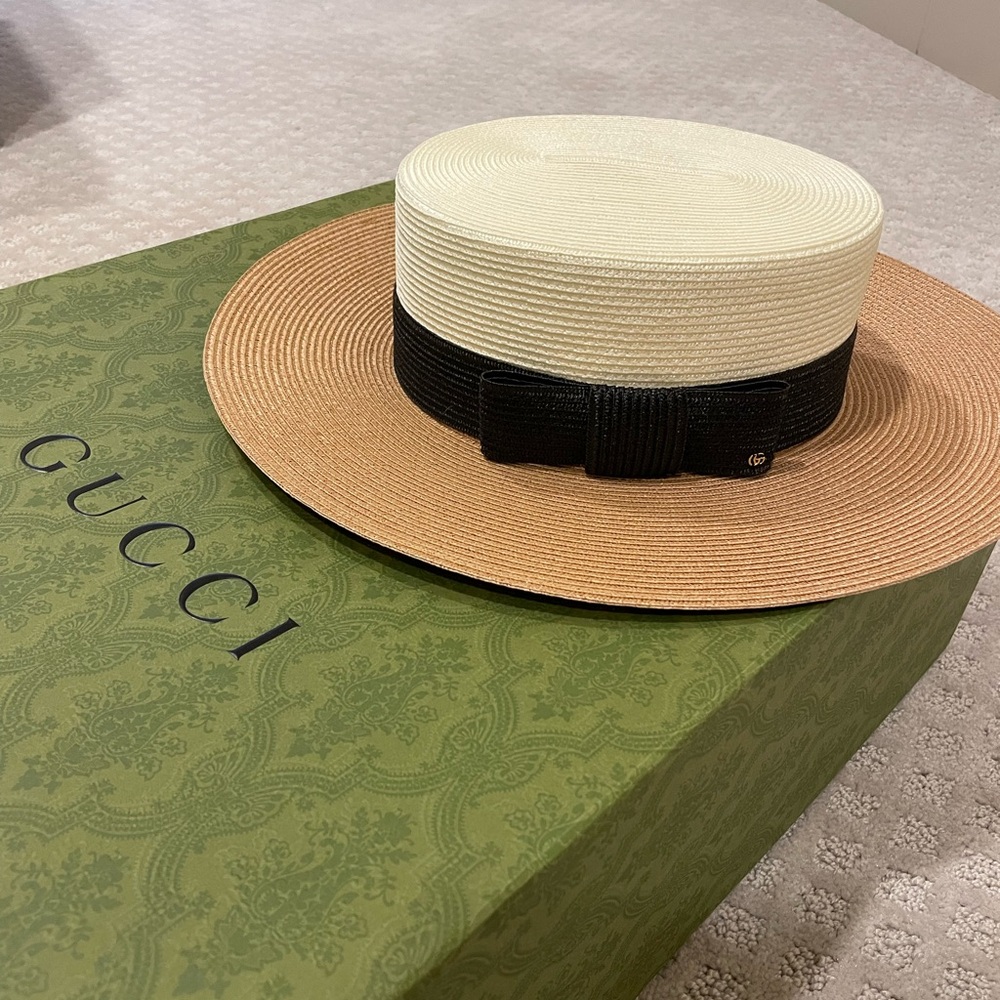Authentic Gucci Straw-effect wide brim hat with bow